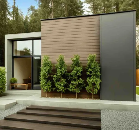 Casa linear minimalista com painel amadeirado e paisagismo frontal.