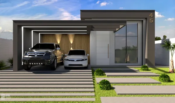 Casa térrea contemporânea com duas vagas e fachada em tons neutros.