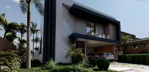 Casa contemporânea em condomínio com jardim, palmeiras e garagem coberta.