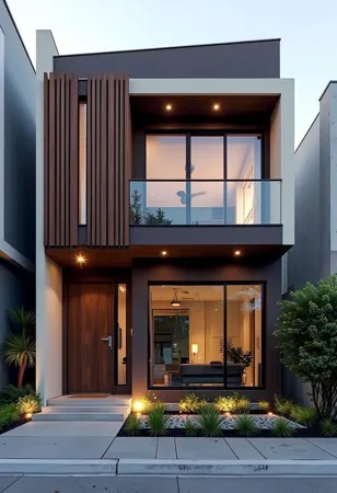 Casa duplex contemporânea com dois pavimentos e fachada amadeirada.